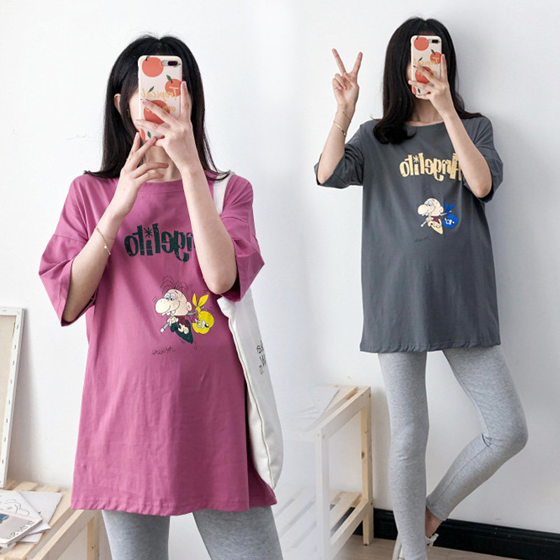 Maternity T-shirt summer short-sleeved loose cotton mid-length top 2022 new cartoon large size pregnancy dress