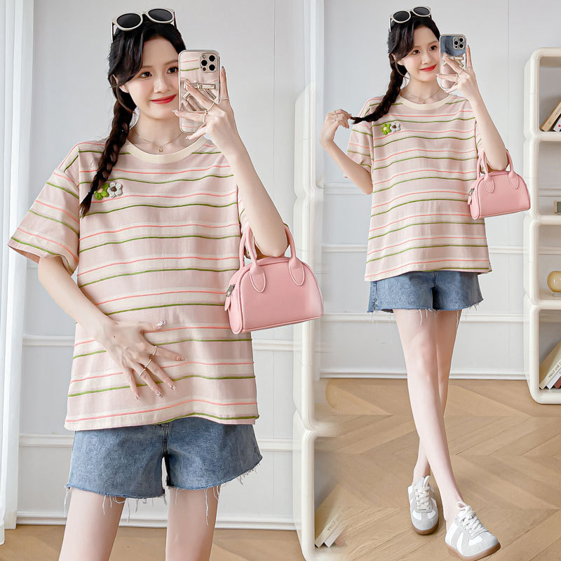 Maternity Wear 2026 New Style Tops Korean Sweet and Cute Style Striped T-Shirt Short-Sleeve Design That Looks Youthful and Covers the Belly