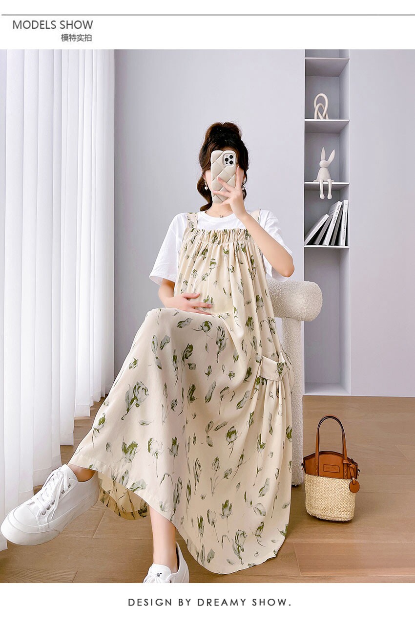 Платье для беременных 孕妇装夏装连衣裙长款雪纺碎花背带裙夏季大码田园风孕晚期吊带裙 OTHER
