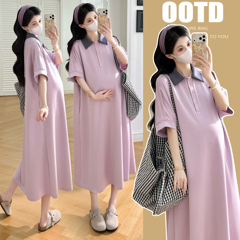 Maternity Wear 2026 New Summer Dress Loose Large Size Belly-Covering Long T-Shirt Dress Women's Casual Polo Collar