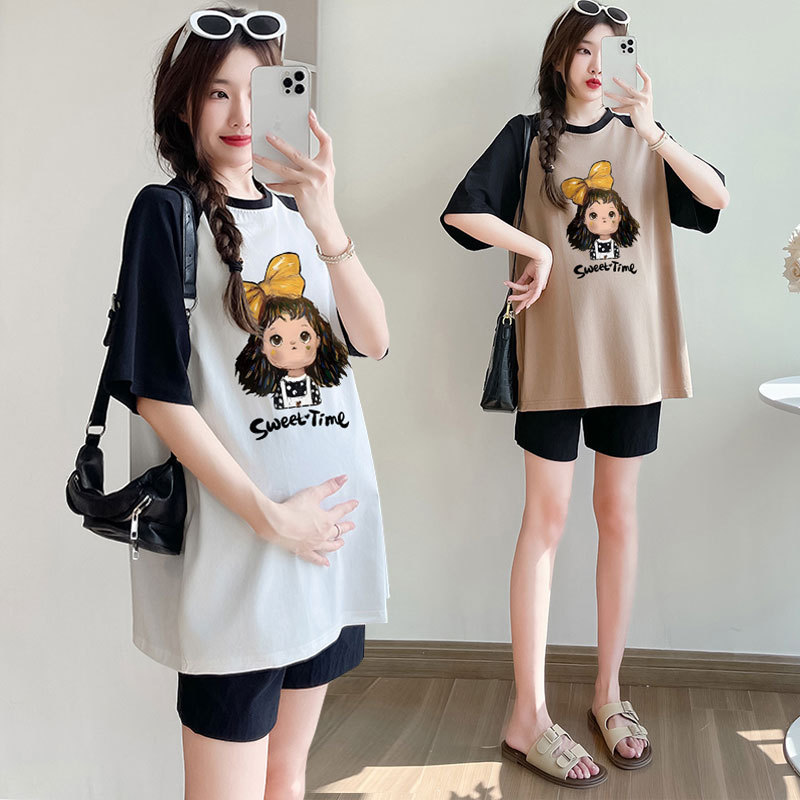 Maternity Wear Summer Suit 2025 New Fashion Loose Belly-Covering Large Size Short-Sleeved T-Shirt Mid-Length Top Pure Cotton
