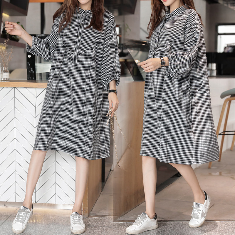 Pregnant women spring and autumn dress Korean version loose oversized 200 catties plaid top mid-length maternity dress shirt skirt