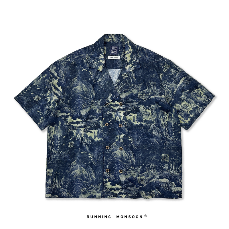 Ren Yinmu San Original Niche Men's Clothing, Chinese Style Cuban Collar Shirt, Printed Shirt, Summer Short-Sleeved Tencel Shirt