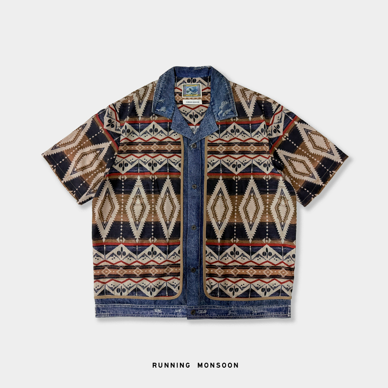Ren Yinmu San Original Men's Ethnic Style Pure Lyocell Short-Sleeved Shirt Men's Retro Loose Cuban Collar Floral Shirt