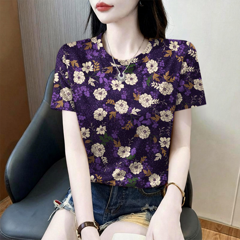 Thin Ribbed Ice Silk Elegant Loose Short-Sleeved T-Shirt Summer Round Neck Printed Fashionable Versatile Comfortable Top Korean Style Thin Ribbed Ice Silk Elegant Loose Short-Sleeved T-Shirt Summer Round Neck Printed Fashionable Versatile Comfortable Top Korean Style