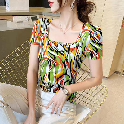 This slim and elegant summer square-neck Korean-style short-sleeved T-shirt top features breathable floral prints for women's wear, making them look slimmer