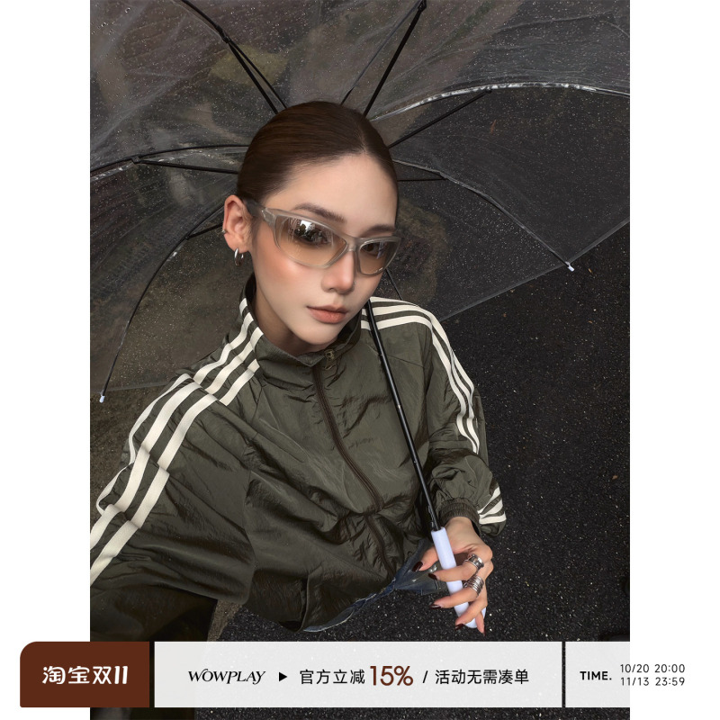 Wowplay Yang Jiqi American Retro Striped Stand-Up Collar Jacket for Women, Autumn Sports Casual Apuri Style Jacket