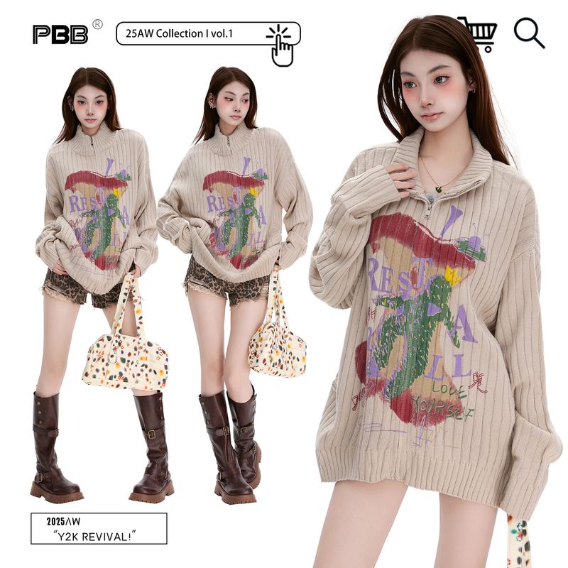 Pbb American Retro Fun Apple Print Knit Sweater for Women, Lazy Style, Warm Design, Zip-Up Sweater Jacket