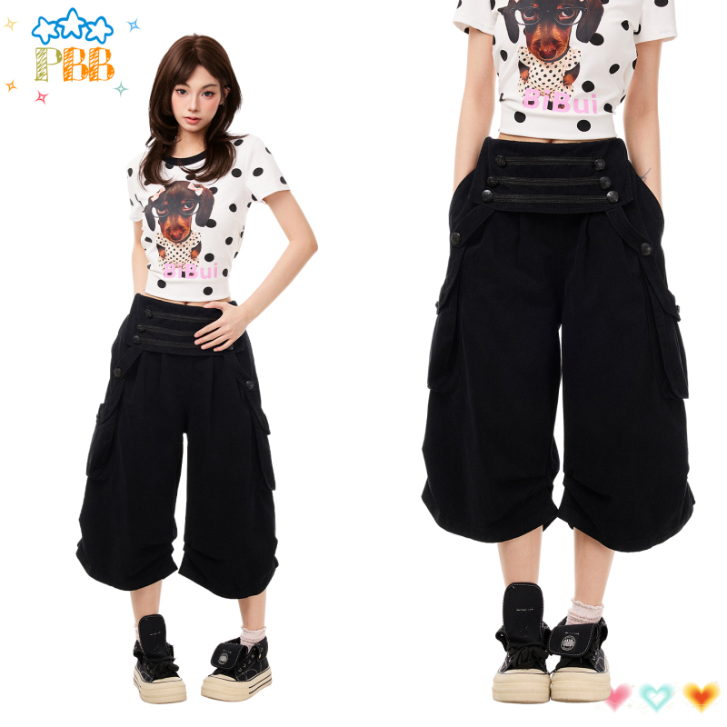 Pbb American Retro Three-Dimensional Pocket Casual Cargo Pants for Women, Loose High-Waisted Black Straight-Leg Wide-Leg Cropped Pants Pbb American Retro Three-Dimensional Pocket Casual Cargo Pants for Women, Loose High-Waisted Black Straight-Leg Wide-Leg Cropped Pants