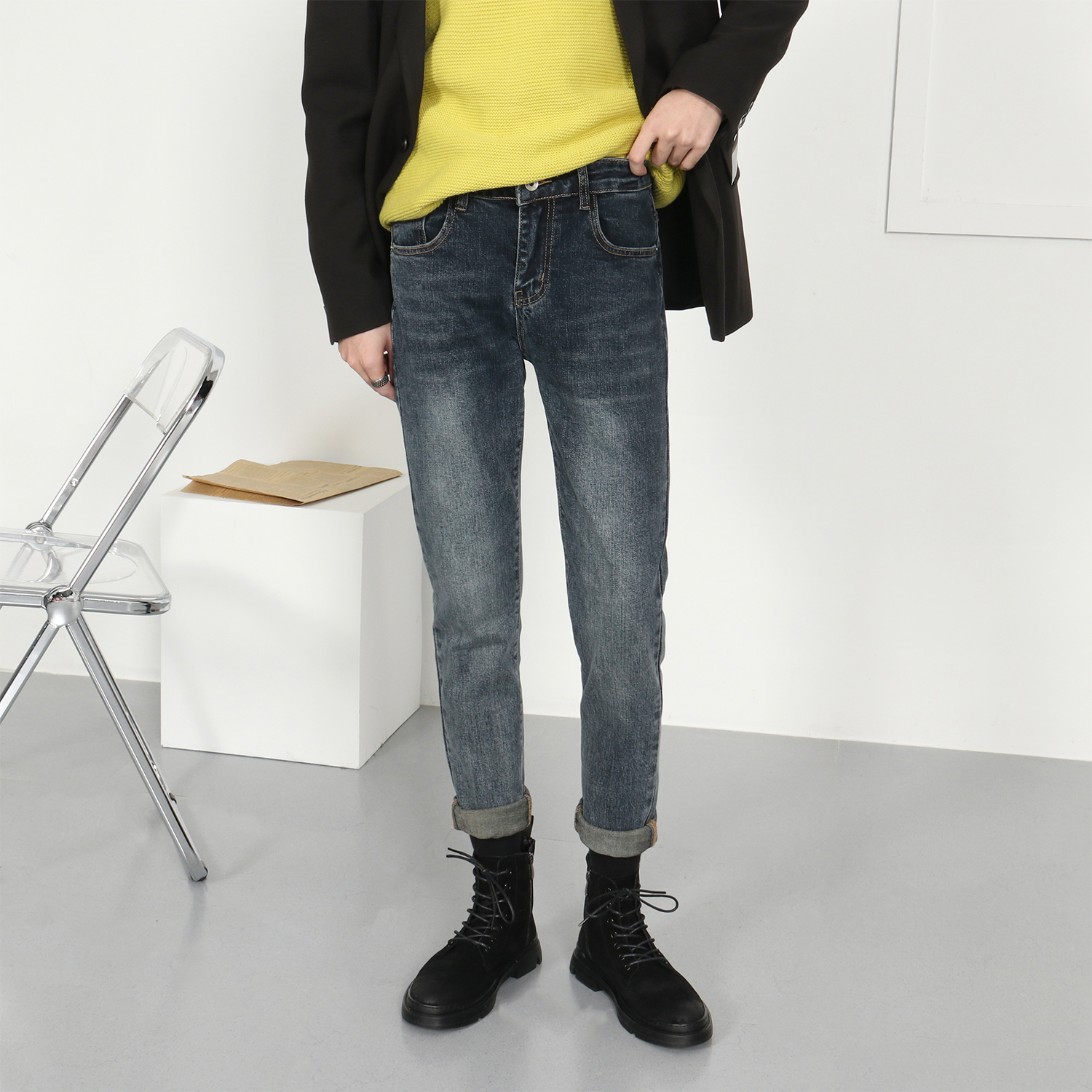 Korean version of jeans men's 2022 autumn and winter new cement gray trend very denim trousers men's slim cigarette pants