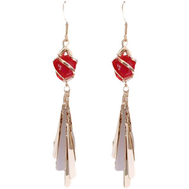 (Two Pairs) Net Red Red Earrings Women's Fashion Super Fairy Atmosphere Long Metal Tassel Earrings Show Thin Earrings