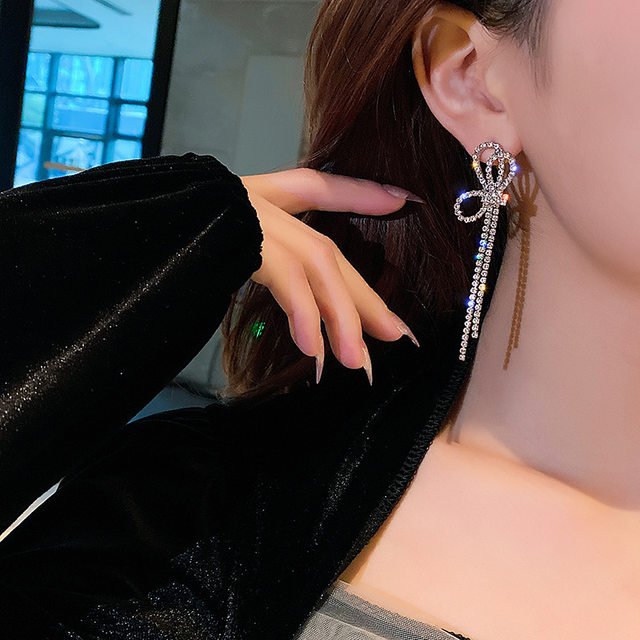 Korean temperament bow earrings sweet fairy-like diamond tassel earrings niche design long versatile earrings for women