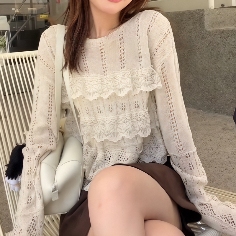 Design-Inspired Niche Hollow-Out Lace Patchwork Knit Top for Women, 2026 Autumn New French-Style Ruffled Thin Cover-Up Blouse Design-Inspired Niche Hollow-Out Lace Patchwork Knit Top for Women, 2026 Autumn New French-Style Ruffled Thin Cover-Up Blouse