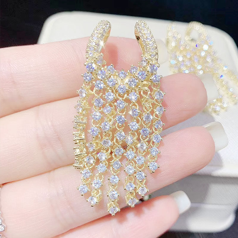 Silver Micro Inlaid Zircon Pearl Long Tassel Necklace Sweater Chain Accessories