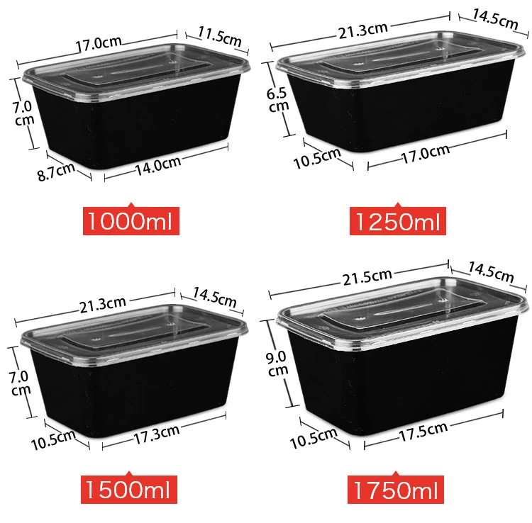 Hình chữ nhật tròn dày 1000ML hộp ăn trưa dùng một lần hộp đen bao bì thức ăn nhanh hộp ăn trưa mang đi - Hộp cơm điện sưởi ấm