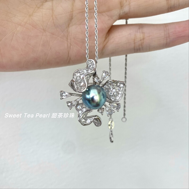 St Sweet Tea Pearl Freesia Flower Necklace S925 Sterling Silver Rose Cut Full Zircon Pearl Pendant Accessories Setting