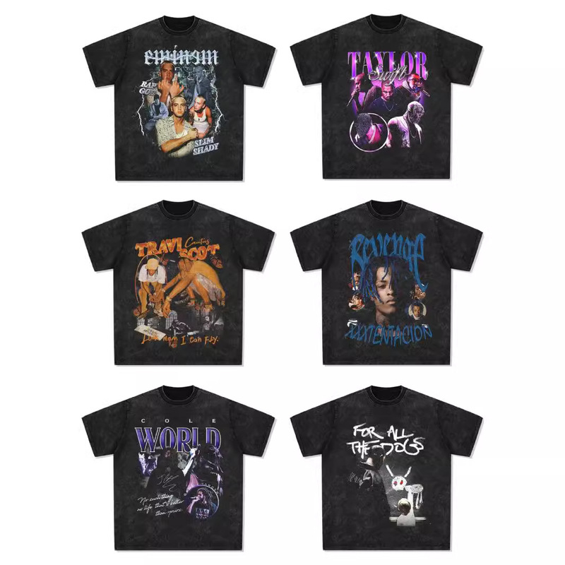 Kanye, Justin Bieber, Eminem, Travis Scott, Drake, Xxx, American Hip-Hop, Rap, Vintage Print, Washed Short-Sleeve Shirt