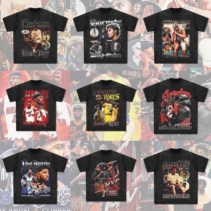 Clarkson Curry Kobe Irving James Morant American Star T-Shirt Retro Print Washed Short Sleeve