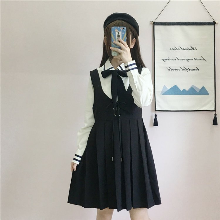 Ngọt ngào ít đại học tươi gió cô gái bow tie áo sơ mi + eo cao xếp li vest đầm hai mảnh chân váy da