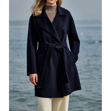 Navy blue small stature pure 100 cashmere coat, high-end slim fit temperament, woolen coat, winter medium length woolen coat