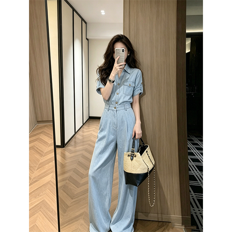 French Retro Style Light Blue Denim Jumpsuit for Women, New Summer Style, Elegant and Slimming, High-Waisted Wide-Leg Pants