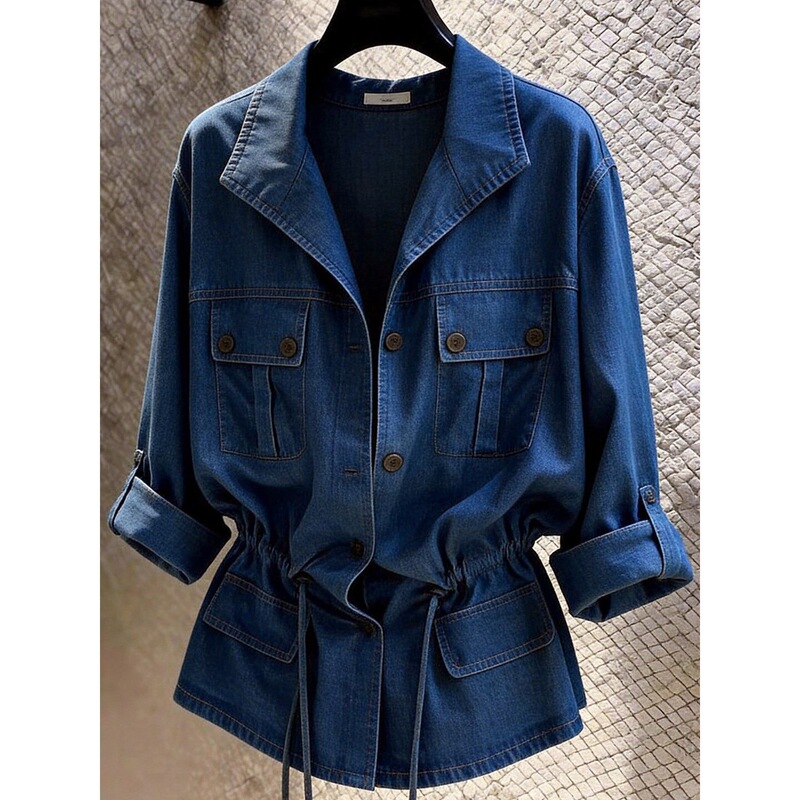 Korean-Style Design Lapel Waist-Cinching Long-Sleeve Denim Shirt for Women, 2026 Spring New Versatile Slim-Fit Top for Commuting
