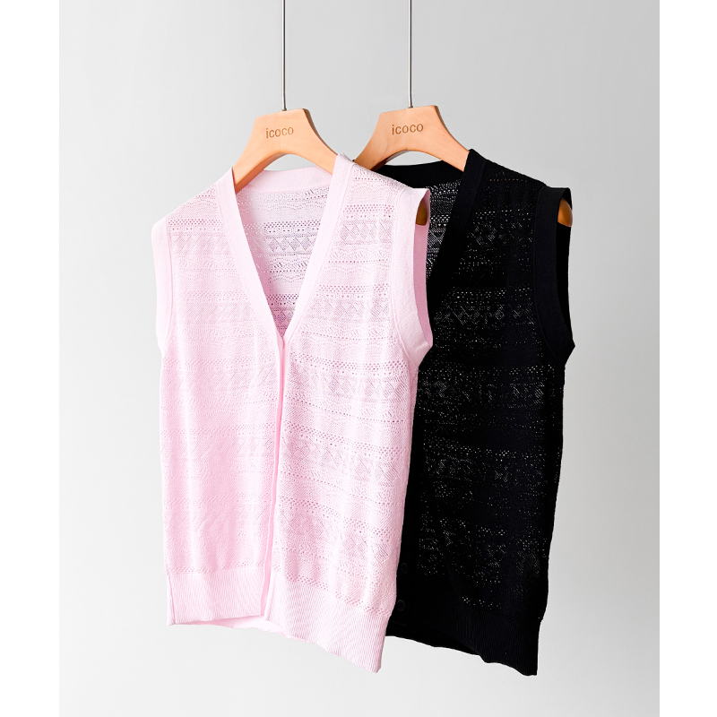 Real Z~Y Material! Cotton Blend Interwoven Jacquard Yarn! V-Neck Geometric Hollow-Out Crochet Sleeveless Knit Vest for Spring and Summer
