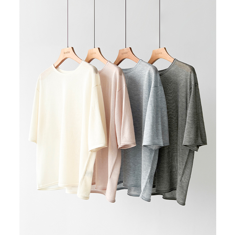 Old Channel of Trade Companies! Customer-Supplied Tencel + Linen Blend Material! Round Neck Rolled Edge Short-Sleeved Knitwear for Spring and Summer