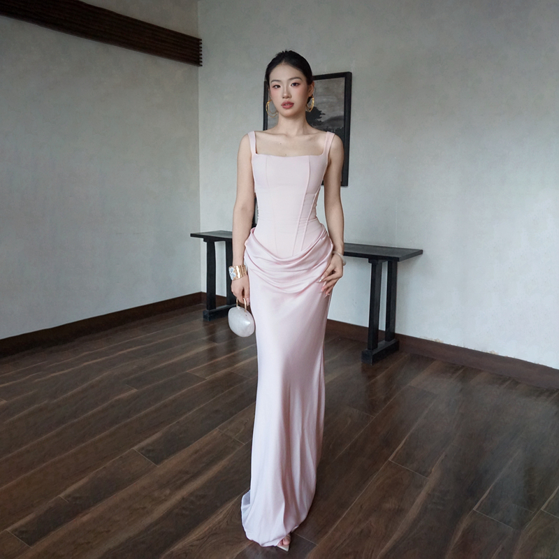 Dana Elegant Pink Dress with Square Neckline, Fishbone Waist, Floor-Length Skirt for Engagement Party, Birthday, Bridesmaid, Toast