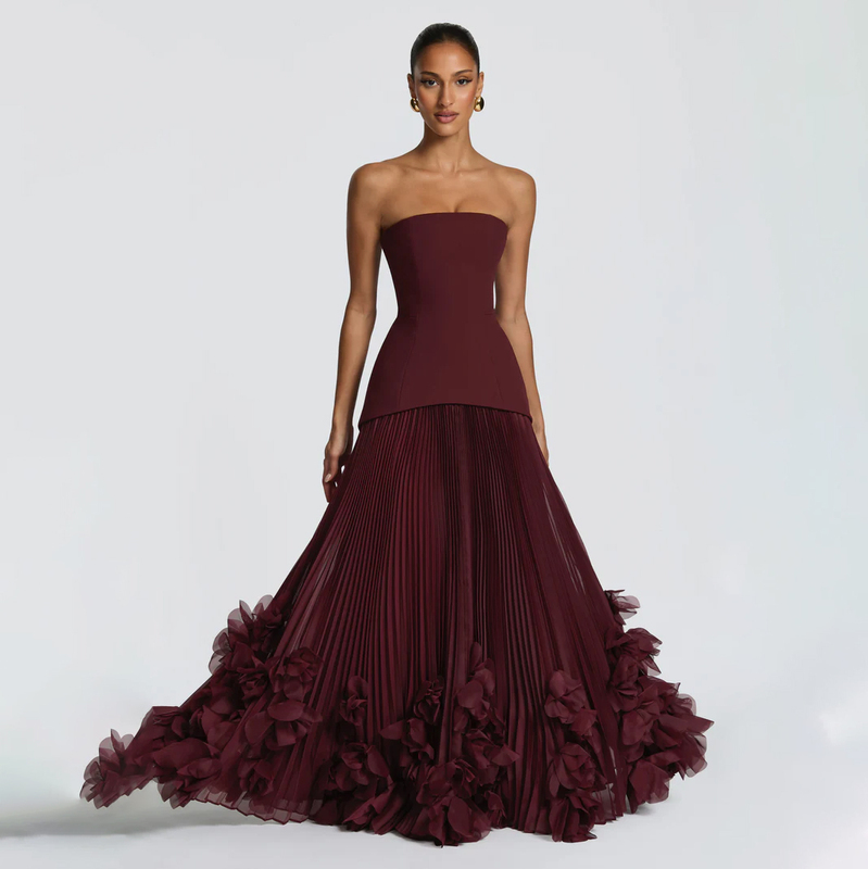 Dana Heavy Industries High-End Elegant Strapless Dress Burgundy Engagement Toast Evening Dress Birthday Pleated Skirt