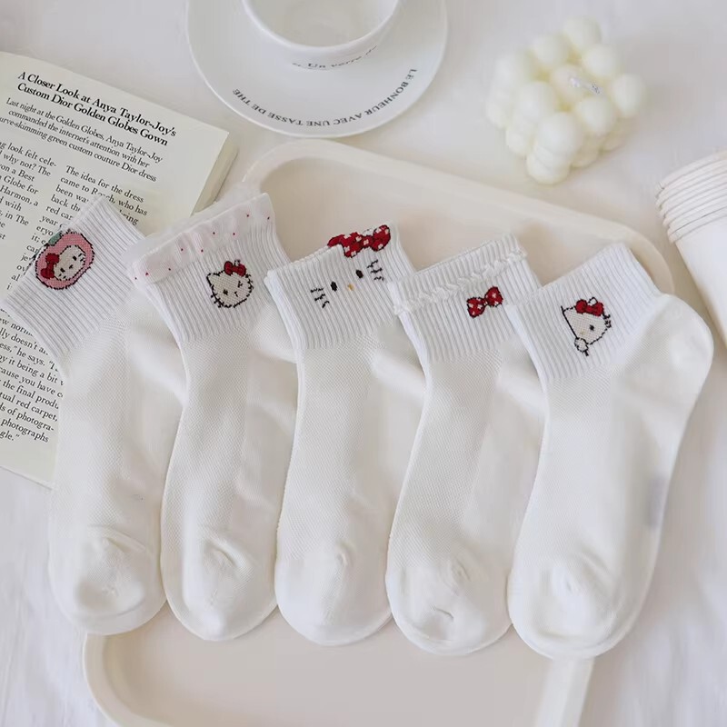 Girls' Socks Summer Milky White Kitty Cat Lace Socks Cute Cartoon Thin Sports Mesh Bow Cotton Socks