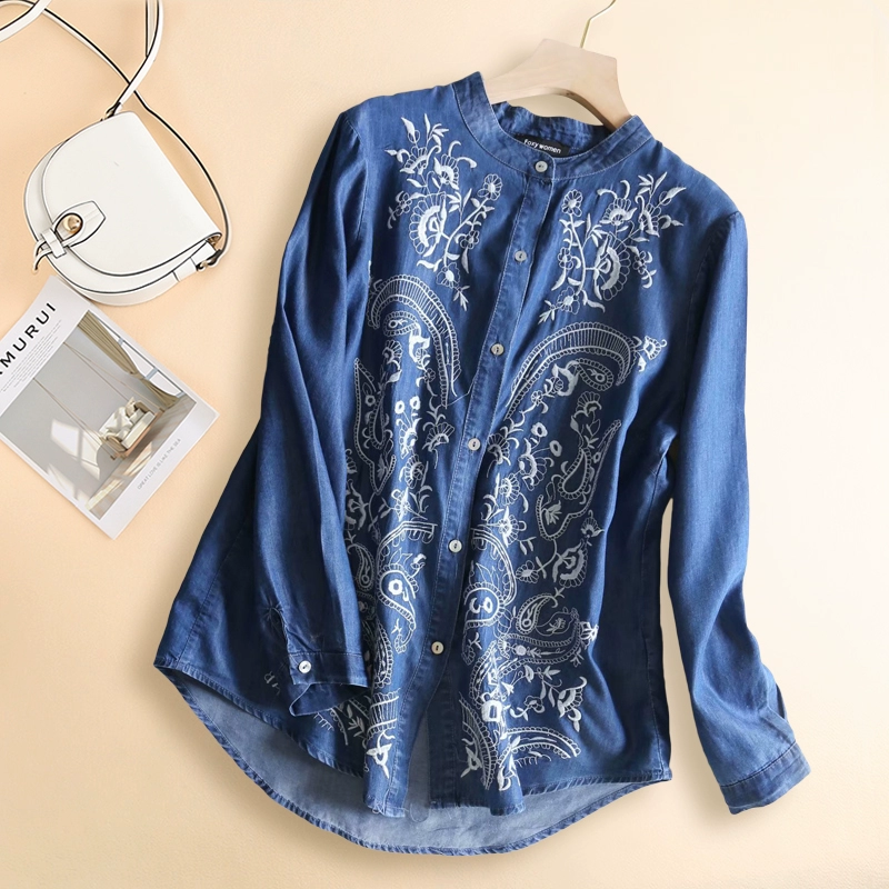AP266 Áo sơ mi nữ thông thoáng của phụ nữ dài tay mùa xuân giảm giá đặc biệt phong cách châu Âu và Mỹ thêu áo khoác denim Tencel phụ nữ - Áo sơ mi