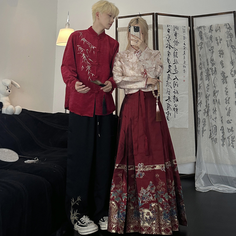 Couple Outfits for Autumn: Long-Sleeved Shirts, New Chinese-Style Improved Hanfu, Suitable for Marriage Registration, Homecoming, Engagement, and New Year Sets