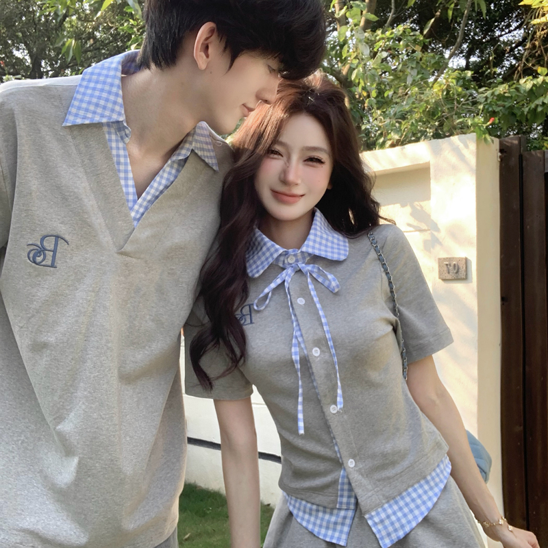 Niche Design Couple Outfits Summer Wear 2026 New Style Patchwork Short-Sleeve T-Shirt College Style Waist-Cinching Slimming Two-Piece Set Niche Design Couple Outfits Summer Wear 2026 New Style Patchwork Short-Sleeve T-Shirt College Style Waist-Cinching Slimming Two-Piece Set