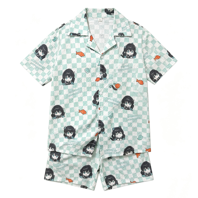 Demon Slayer: Kimetsu No Yaiba, Tokitou Muichiro Style, Popular Two-Dimensional Plaid Cloud Cotton Pajamas, Summer Short-Sleeved Loungewear