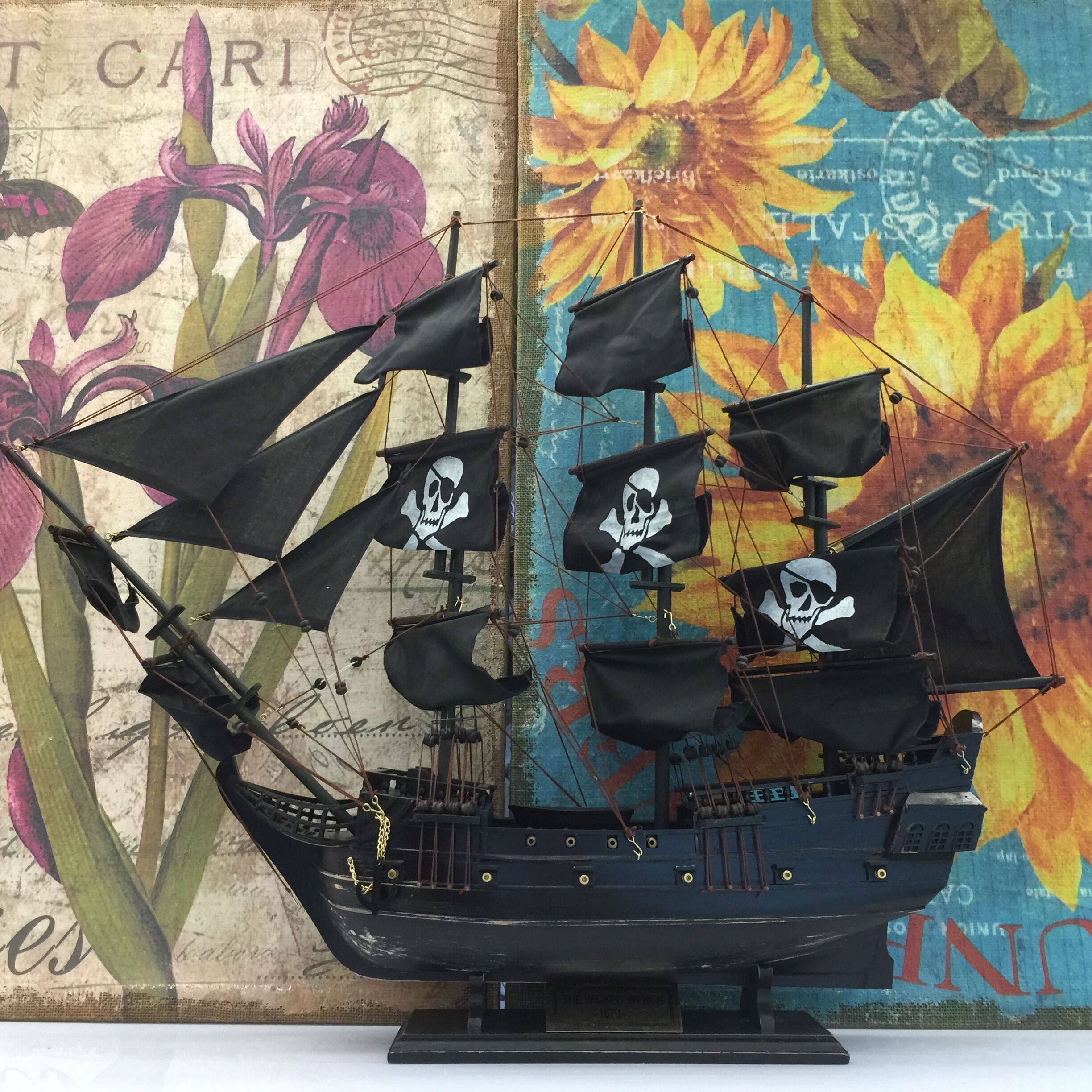 加勒比海盗黑珍珠号实木工艺船纯手工帆船模型摆件地中海风格