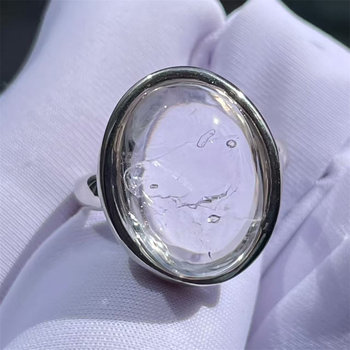 Natural white crystal all-inclusive flowing water bladder anomaly bare stone silver inlaid ring ring with adjustable jewelry gift