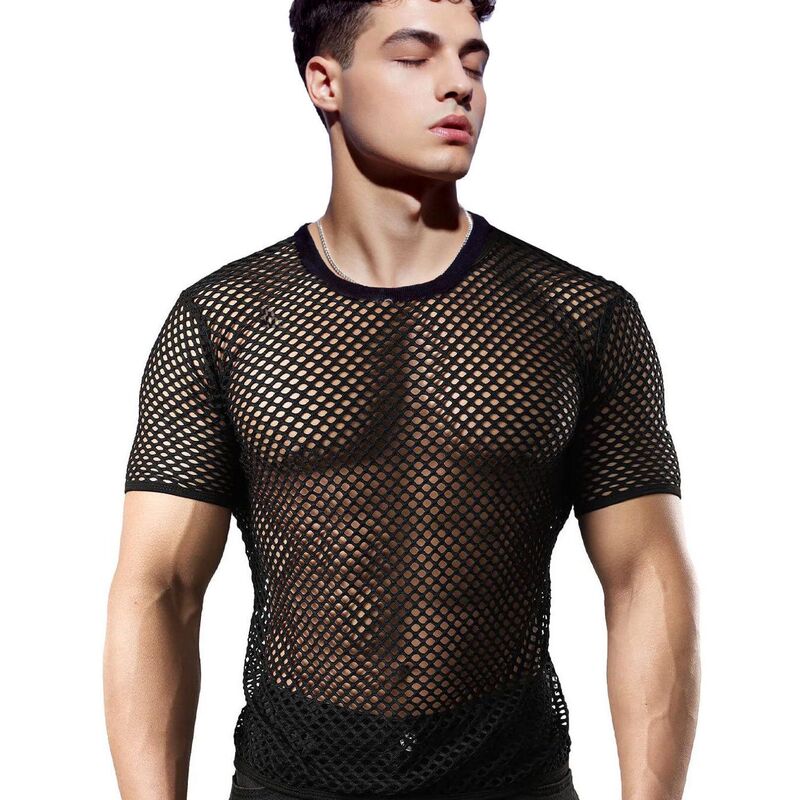 Summer Fashion Hollow-Out Men's Round-Neck Mesh Short-Sleeve T-Shirt Breathable Base Layer Transparent Fishnet Mesh Half-Sleeve Top
