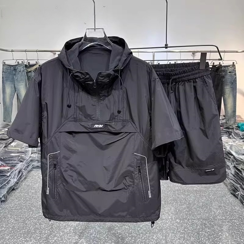 Pierre Cardin Sports Suit Men's Summer Thin Ice Silk Quick-Drying Loose Hooded Men's Short-Sleeved Shorts Two-Piece Set