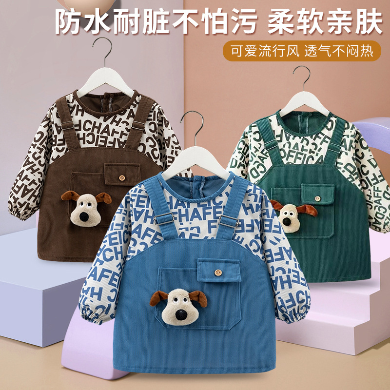Children's smock, baby eating bib, autumn and winter waterproof and anti-dirty boy's corduroy protective clothing, baby reverse dressing apron