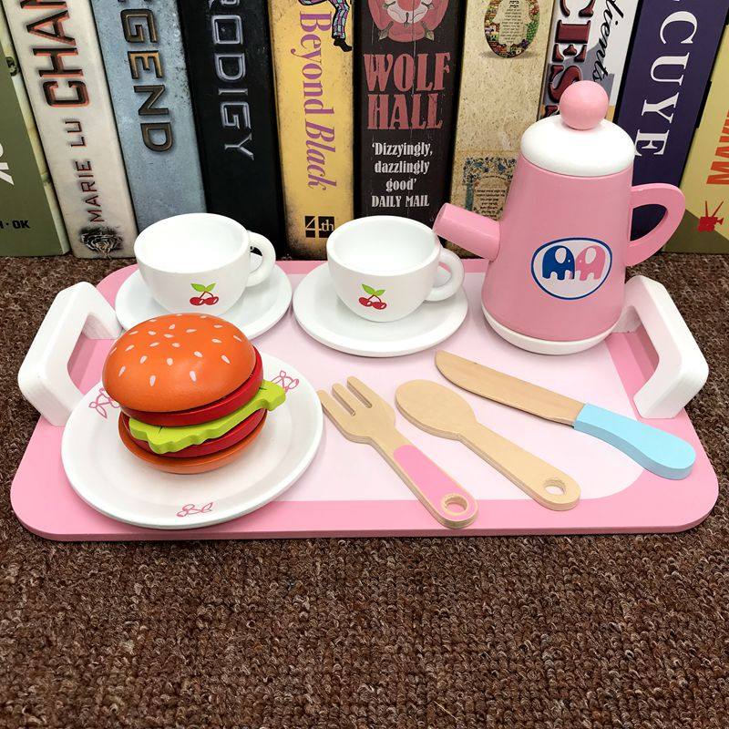 Wooden children's afternoon tea kitchen toy set Dress up wine simulation teapot tea set Cake girl Princess cooking