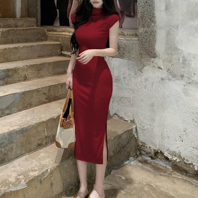 Pure lust style slim fit hip-hugging slit mid-length one-step skirt