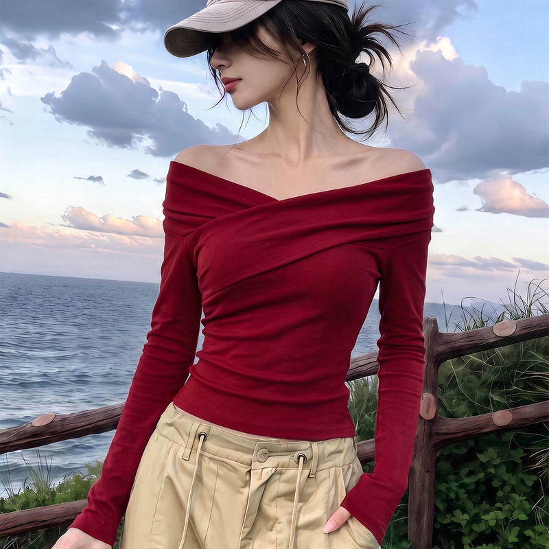 Classic Cross-Over One-Shoulder Long-Sleeve T-Shirt for Women, V-Neck, Autumn and Winter, Off-Shoulder, Slim-Fit, Flattering Base Shirt, Unique Two-Way Wear Top