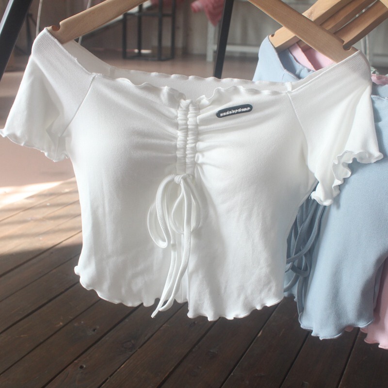 Sweet and Cool Ruffled Off-Shoulder T-Shirt for Women, 2024 Summer New Modal One-Line Neckline Ultra-Short Tight-Fitting Crop Top Sweet and Cool Ruffled Off-Shoulder T-Shirt for Women, 2024 Summer New Modal One-Line Neckline Ultra-Short Tight-Fitting Crop Top