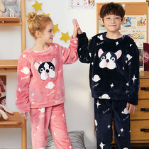 Fenten Tong Pajamas winter coral velvet round neck pullover cartoon boys and girls flannel warm childrens home clothes