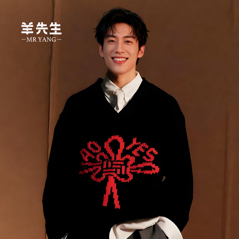 2025 Autumn/Winter New Men's V-Neck Cashmere Sweater, Loose, Thickened, Warm, Trendy Chinese Knot Print Youth Sweater