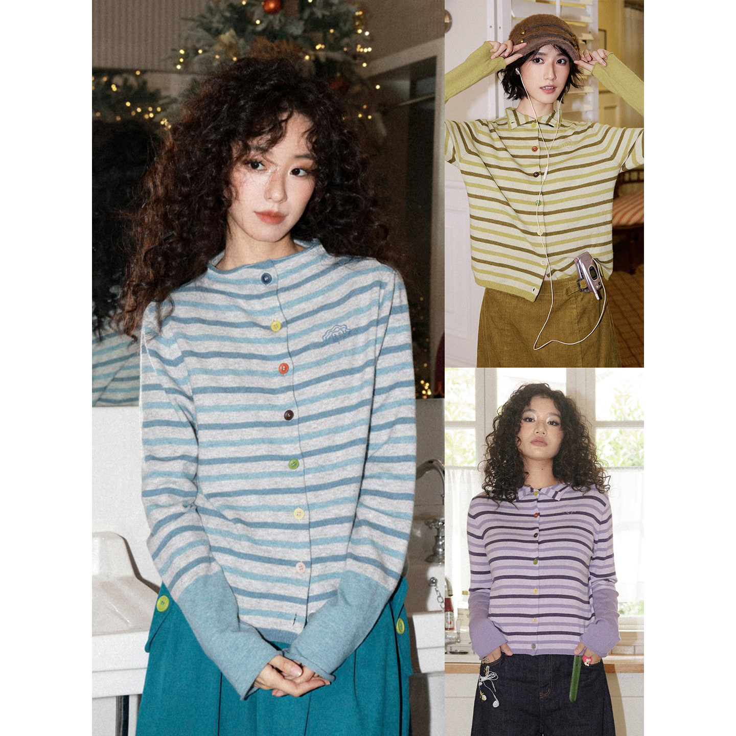 เสื้อคาร์ดิแกนถักลายทาง แบบสาวน่ารัก “Candy Paper” เสื้อสเวตเตอร์ถักแขนยาว สไตล์ขี้เกียจ สำหรับผู้หญิง