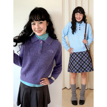 Retro casual polo lapel pullover sweater for women