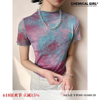 Summer half turtleneck stretch ຕາຫນ່າງພິມເສື້ອທີເຊີດແຂນສັ້ນ