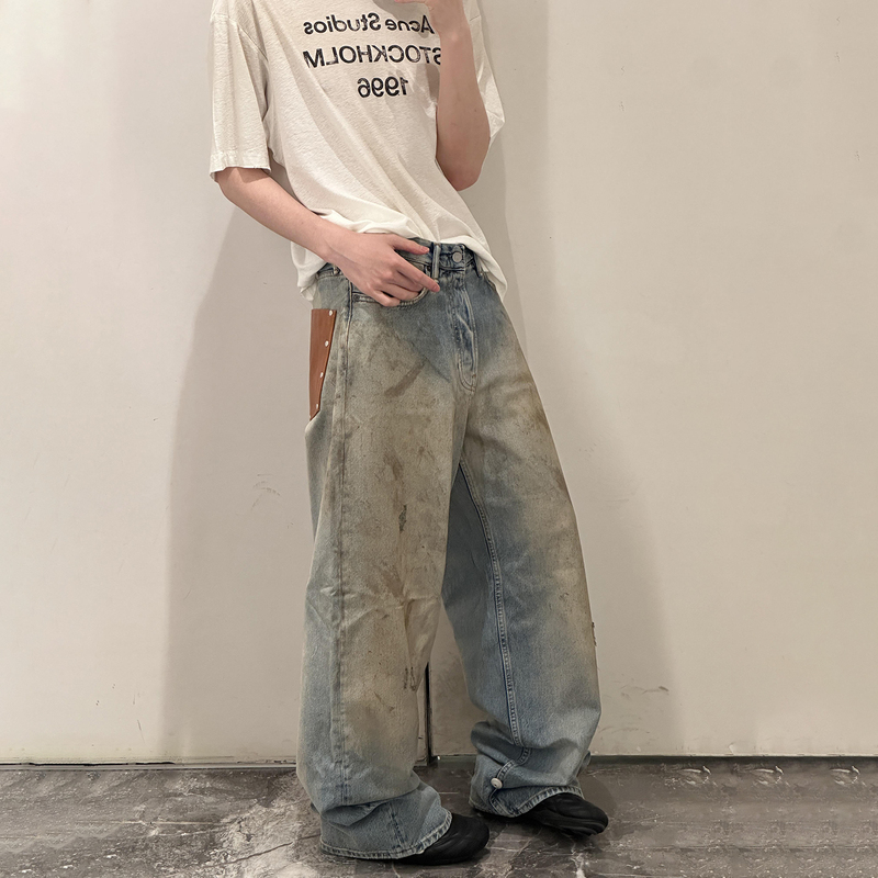 Ac New Model 1981m Rivet Leather Pocket Jeans, Washed and Distressed, Hand-Dyed Dirty Pants, Straight-Leg Loose Trousers